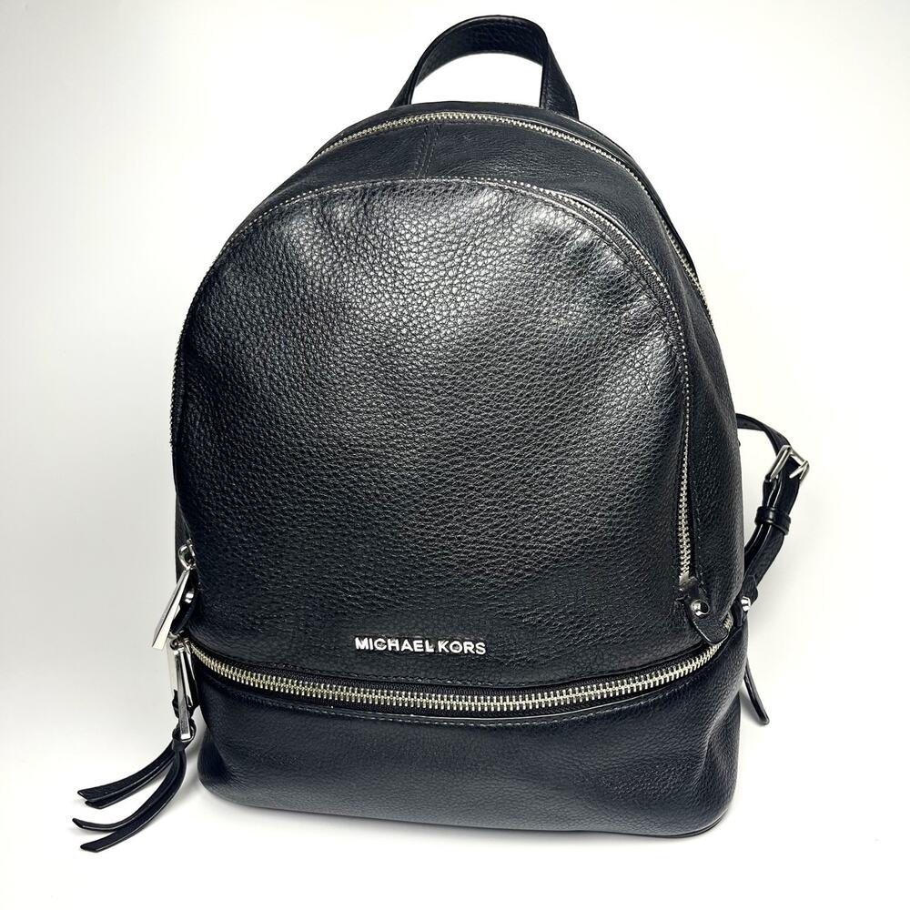 Michael Kors Medium Rhea Black Pebbled Leather Backpack GoldTone Accents School
